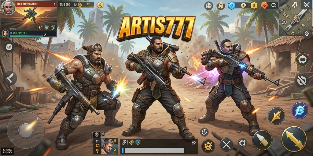 Screenshot utama ARTIS777 menampilkan pertempuran seru di arena Battle Royale.