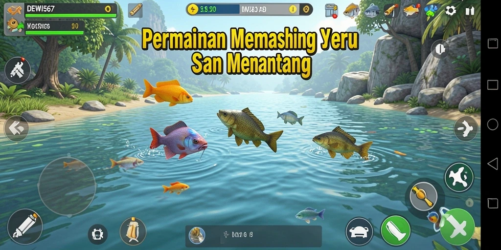 Tampilan gameplay DEWI567 yang menarik saat memancing di danau.