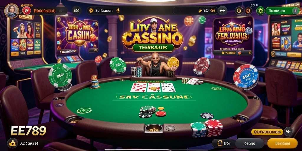 Screenshot menunjukkan dealer langsung dan meja permainan Live Casino.