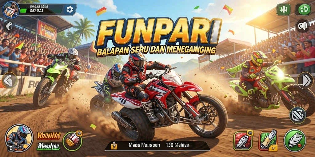 Screenshot utama FUNPARI menampilkan aksi balapan yang cepat dan mendebarkan.