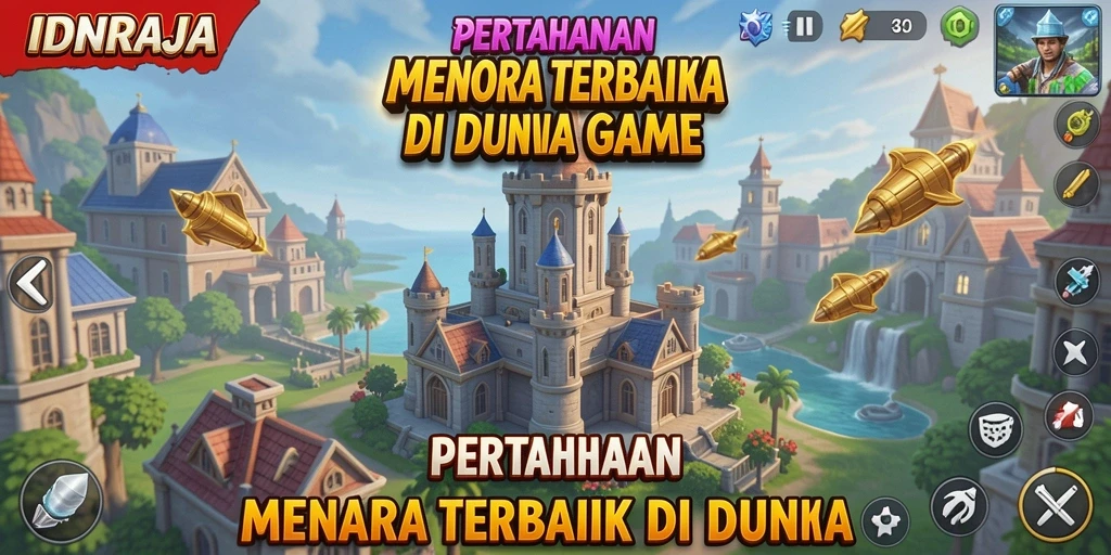 Tampilan gameplay menakjubkan di IDNRAJA dengan menara pertahanan yang strategis.