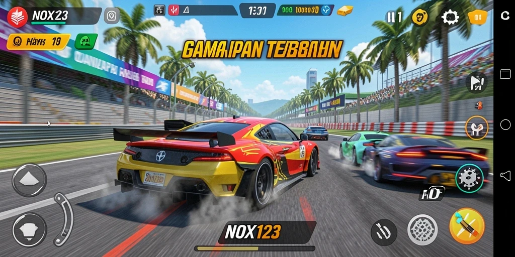 Screenshot utama NOX123 menampilkan momen mendebarkan dalam balapan.