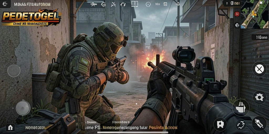 Screenshot gameplay PEDETOGEL menampilkan aksi seru di medan perang FPS.