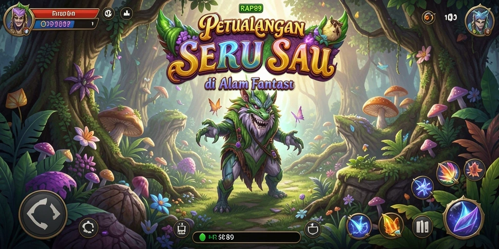 Tangkapan layar menunjukkan karakter utama menjelajahi hutan magis dalam RAP89.