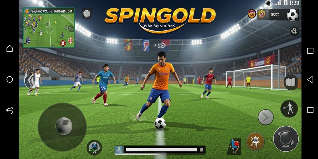 Screenshot utama SPINGOLD menampilkan aksi pertandingan sepak bola yang mendebarkan.