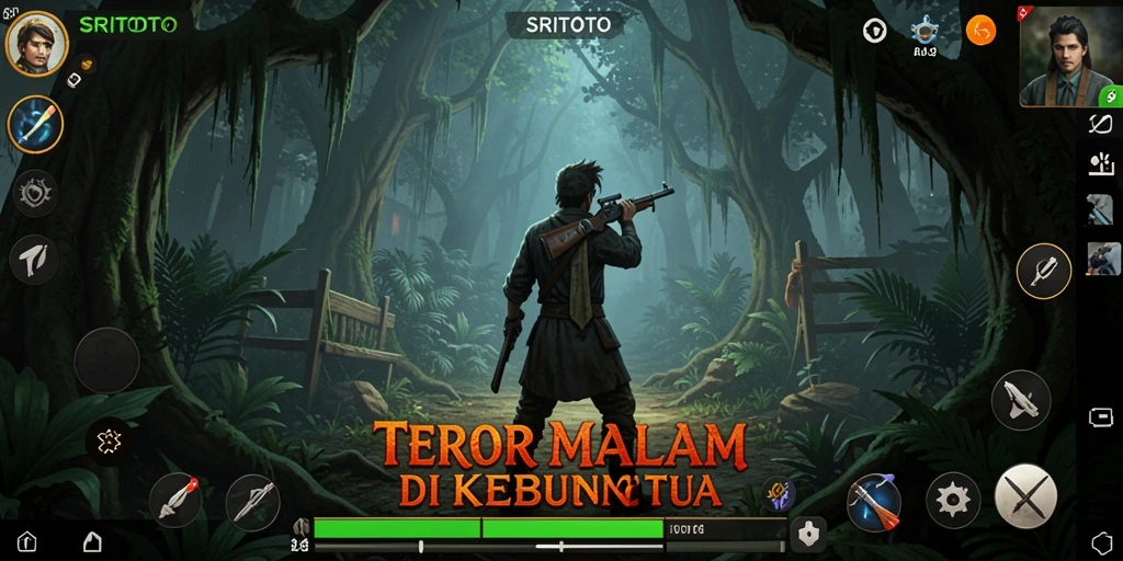 Tangkapan layar gameplay SRITOTO menampilkan suasana mencekam dalam kebun tua.