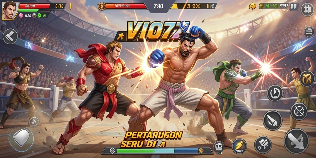 Screenshot utama VIO77 menampilkan aksi pertarungan yang menegangkan.